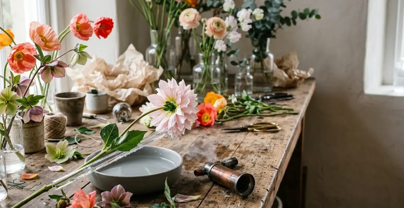Professional floristry workstation with delicate cultivar blooms and conditioning tools in natural light