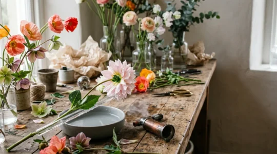 Professional floristry workstation with delicate cultivar blooms and conditioning tools in natural light