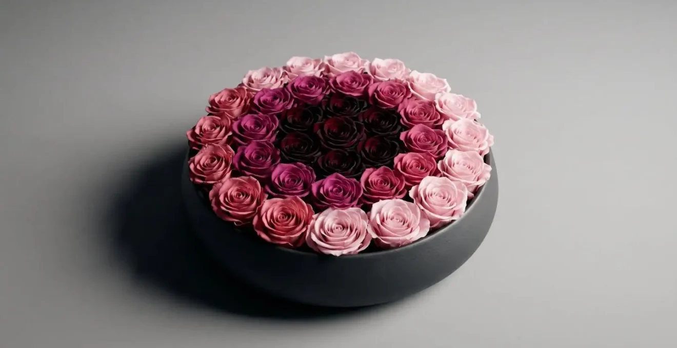 Close-up floral arrangement demonstrating the jewel-box effect with darkest burgundy blooms concentrated at center drawing the eye inward, surrounded by gradating lighter petals