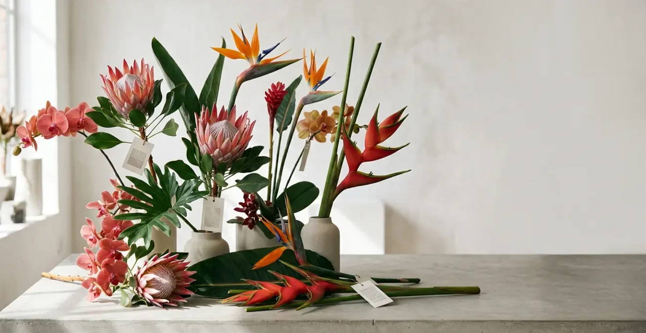 Dramatic close-up of exotic tropical flower stems including protea and bird of paradise arranged for luxury floral design business
