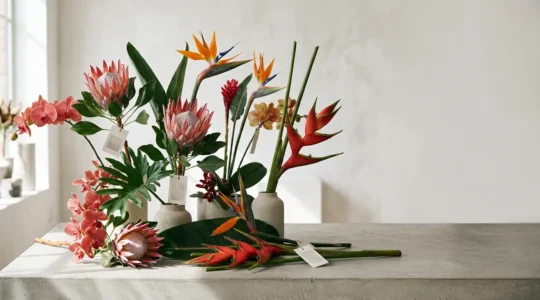 Dramatic close-up of exotic tropical flower stems including protea and bird of paradise arranged for luxury floral design business