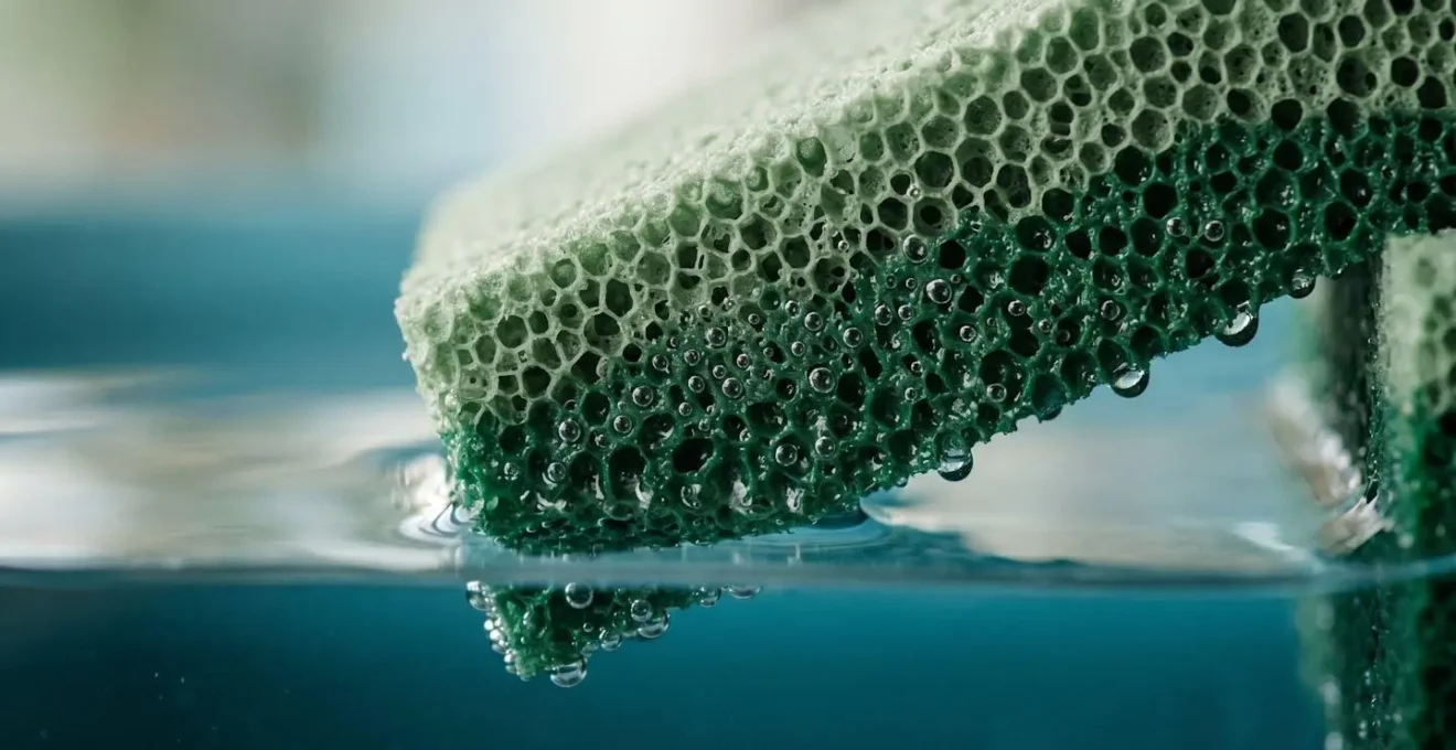 Macro view of water droplets being absorbed into porous floral foam structure showing capillary action