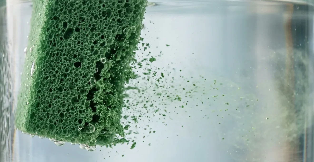 Close-up of water-soaked floral foam disintegrating into microplastic particles in water