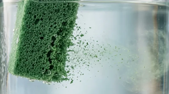 Close-up of water-soaked floral foam disintegrating into microplastic particles in water