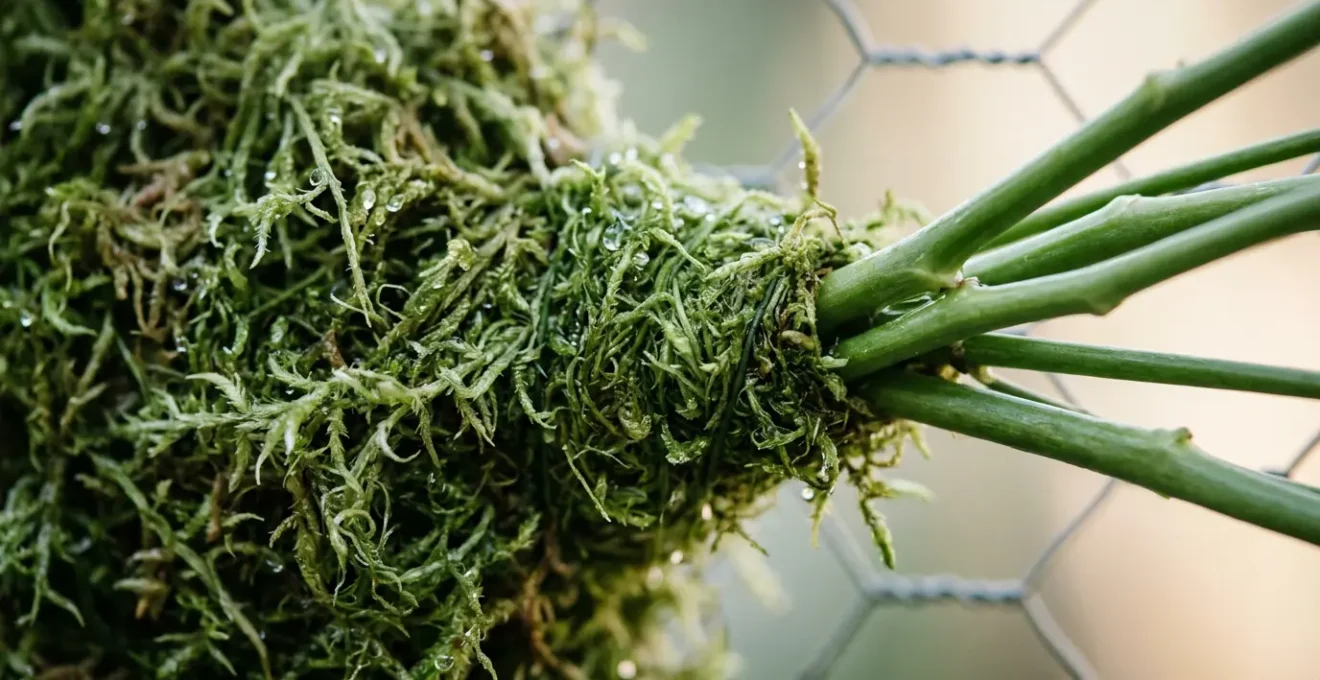 Close-up of moss-wrapped floral stems and wire mechanics supporting fresh blooms with water retention system
