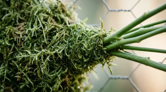 Close-up of moss-wrapped floral stems and wire mechanics supporting fresh blooms with water retention system