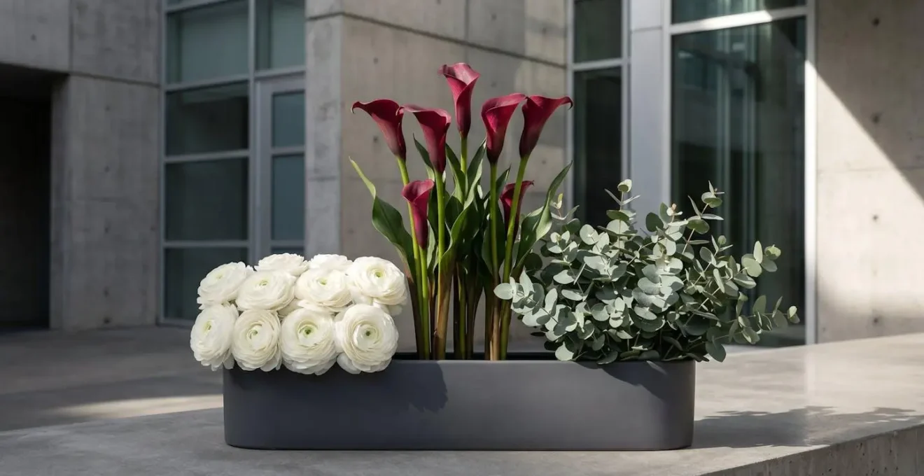Minimalist floral arrangement demonstrating zoning principle with distinct color and material blocks creating visual weight and architectural composition