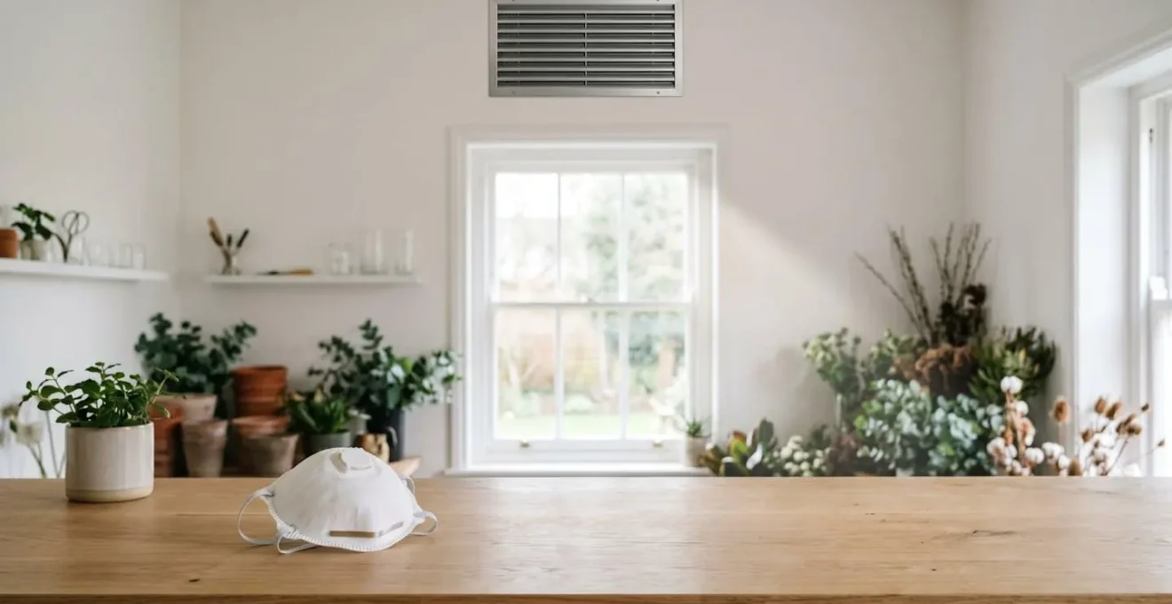 Professional florist workspace showing protective respiratory equipment and ventilation system for handling floral foam safely
