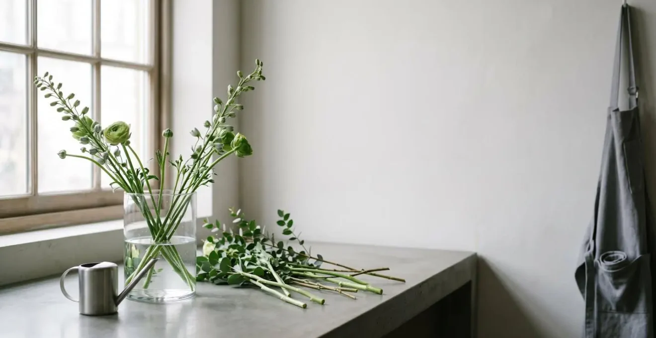Wide environmental shot of minimalist flower preparation workspace with natural lighting