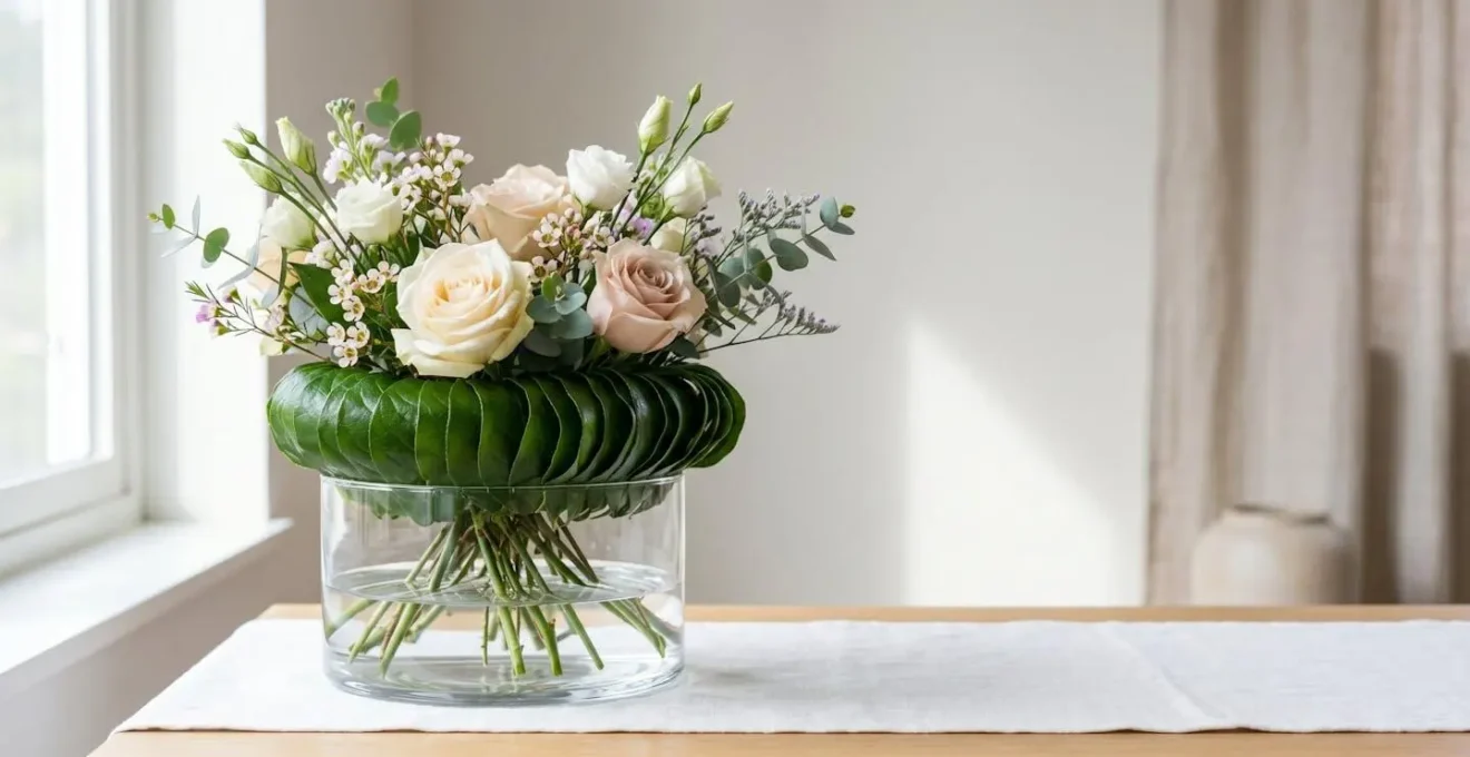 Professional floral arrangement showing dense salal leaf collar perfectly concealing tape grid mechanics in clear glass vase