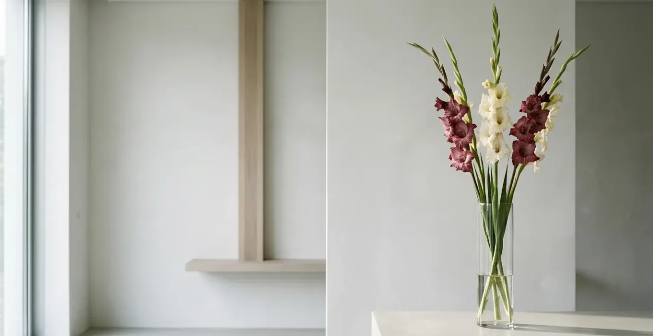 Editorial minimalist floral arrangement featuring tall vertical gladioli stems in cylindrical glass vase against clean neutral background with dramatic negative space