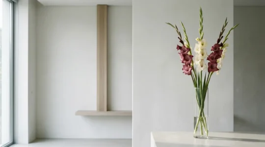 Editorial minimalist floral arrangement featuring tall vertical gladioli stems in cylindrical glass vase against clean neutral background with dramatic negative space
