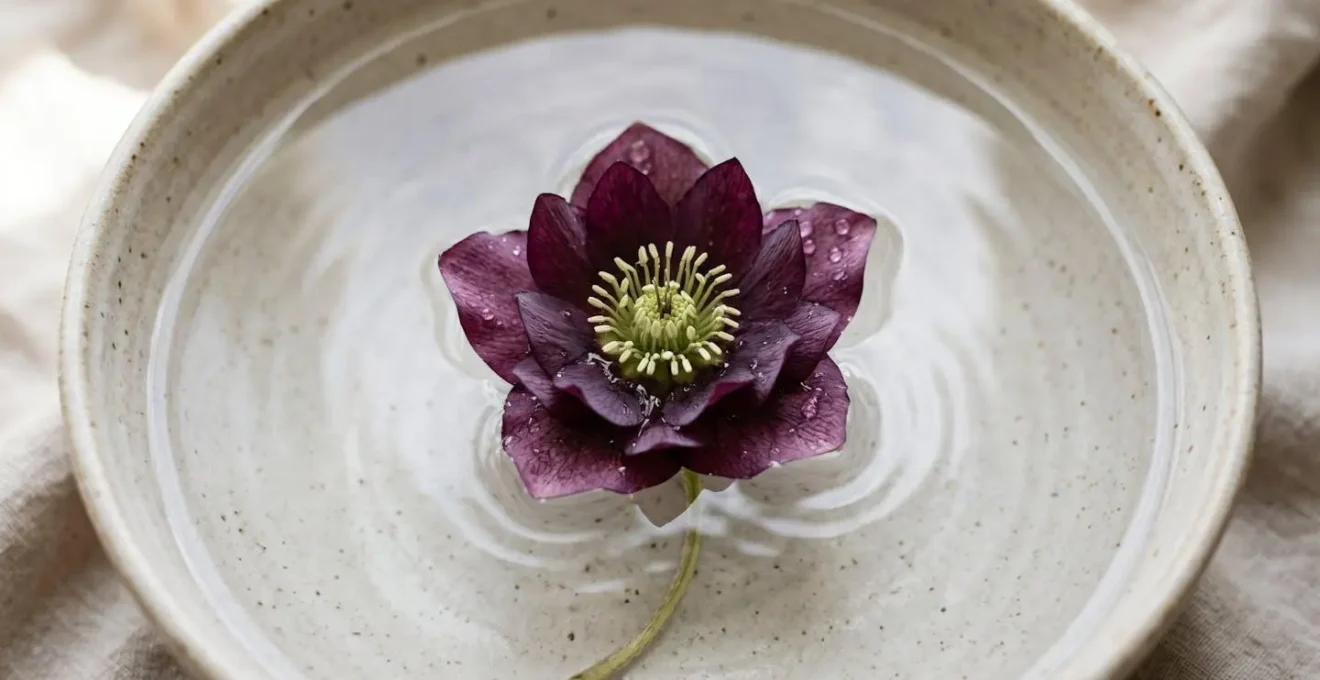 Hellebore bloom floating in shallow basin of clear water for emergency rehydration treatment