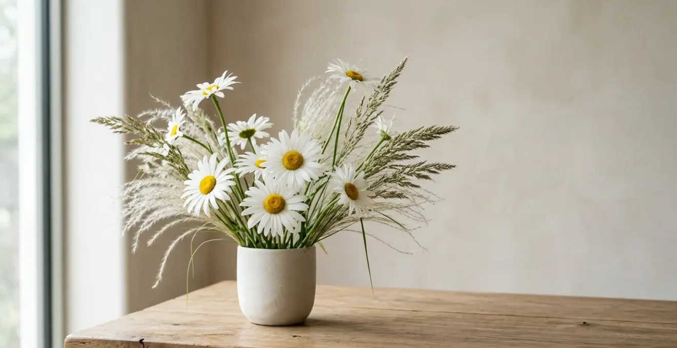 Professional floral arrangement featuring fresh white daisies mixed with ornamental grasses in a minimalist ceramic vessel against a soft neutral background