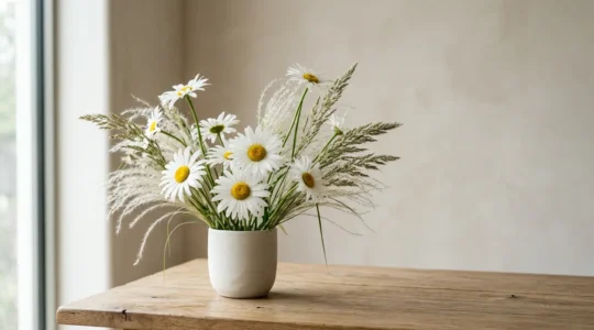 Professional floral arrangement featuring fresh white daisies mixed with ornamental grasses in a minimalist ceramic vessel against a soft neutral background