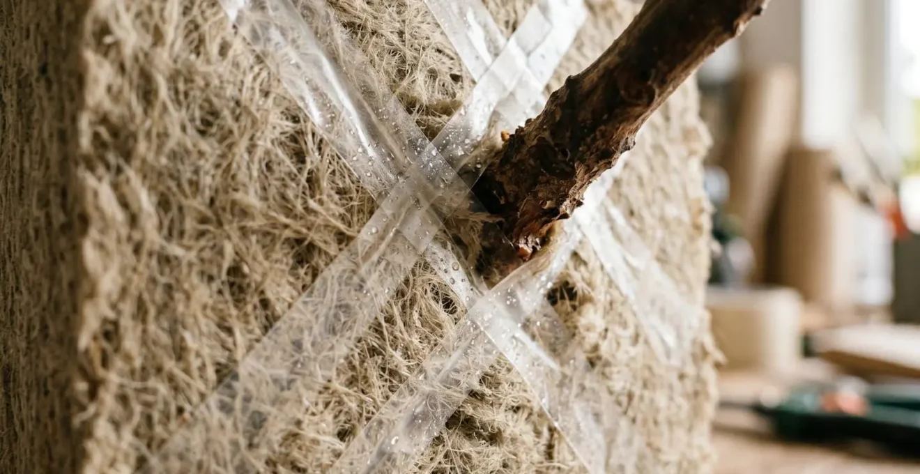 Close-up macro detail of waterproof tape grid technique creating internal structure within natural basalt wool block for heavy floral stems