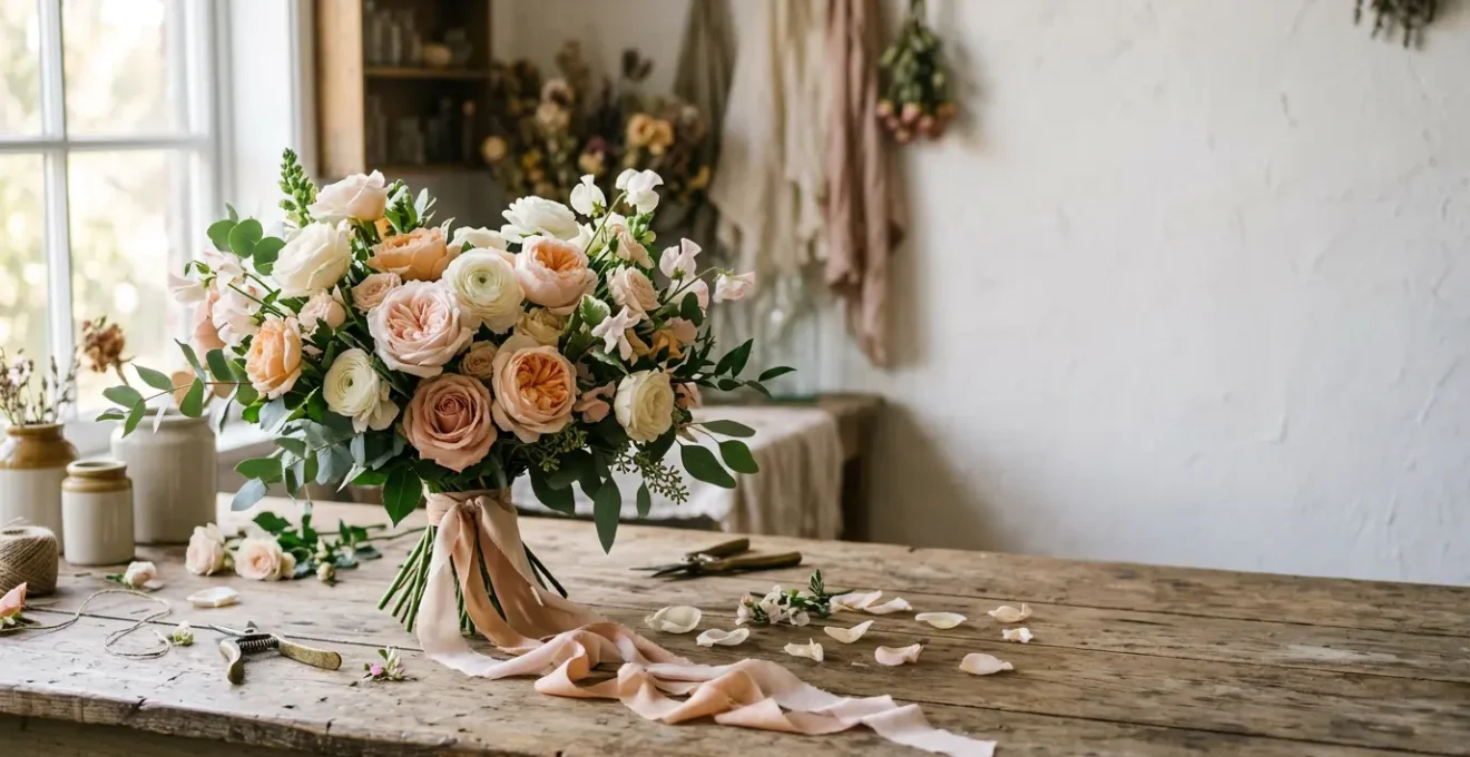 Luxurious garden rose bridal bouquet with ruffled petals in soft blush and ivory tones, romantic wedding flowers arrangement