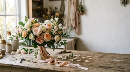 Luxurious garden rose bridal bouquet with ruffled petals in soft blush and ivory tones, romantic wedding flowers arrangement