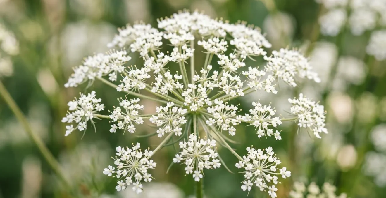 Extreme close-up of cow parsley umbel flower structure showing delicate umbrella-shaped bloom