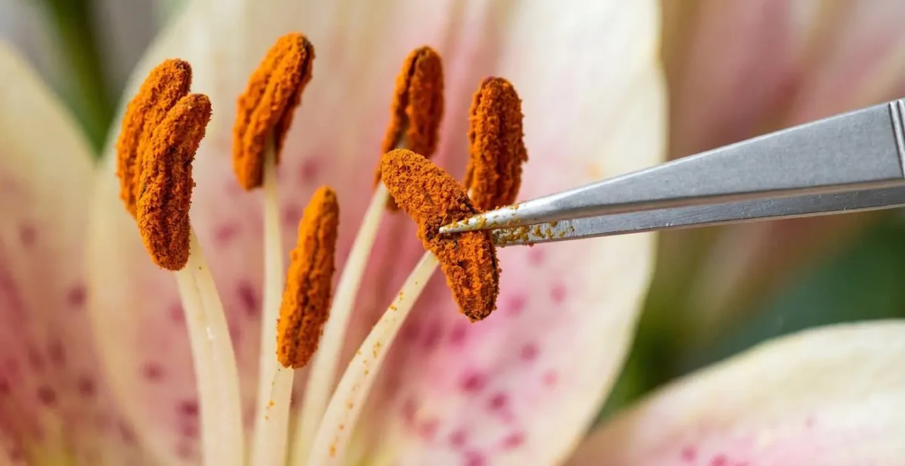 Extreme close-up macro view of lily stamen with orange pollen anthers being delicately removed using fine-tipped tweezers