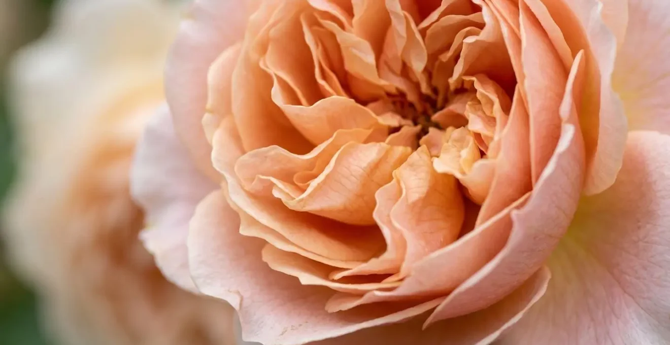 Extreme close-up of garden rose petals unfurling, showing intricate ruffled texture and subtle color gradation from tight bud to open bloom