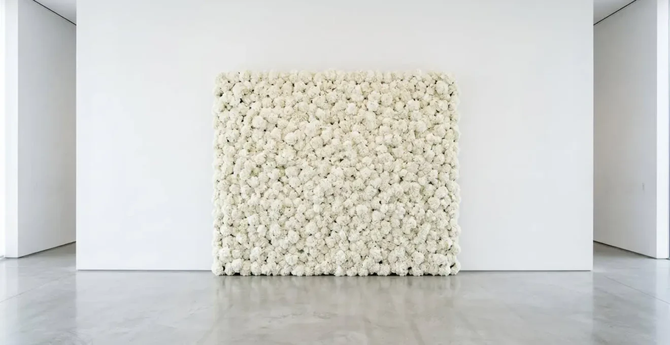 Wide-angle view of a bold monochromatic massed floral installation featuring hundreds of white hydrangea heads creating a dramatic graphic wall in a minimalist gallery space