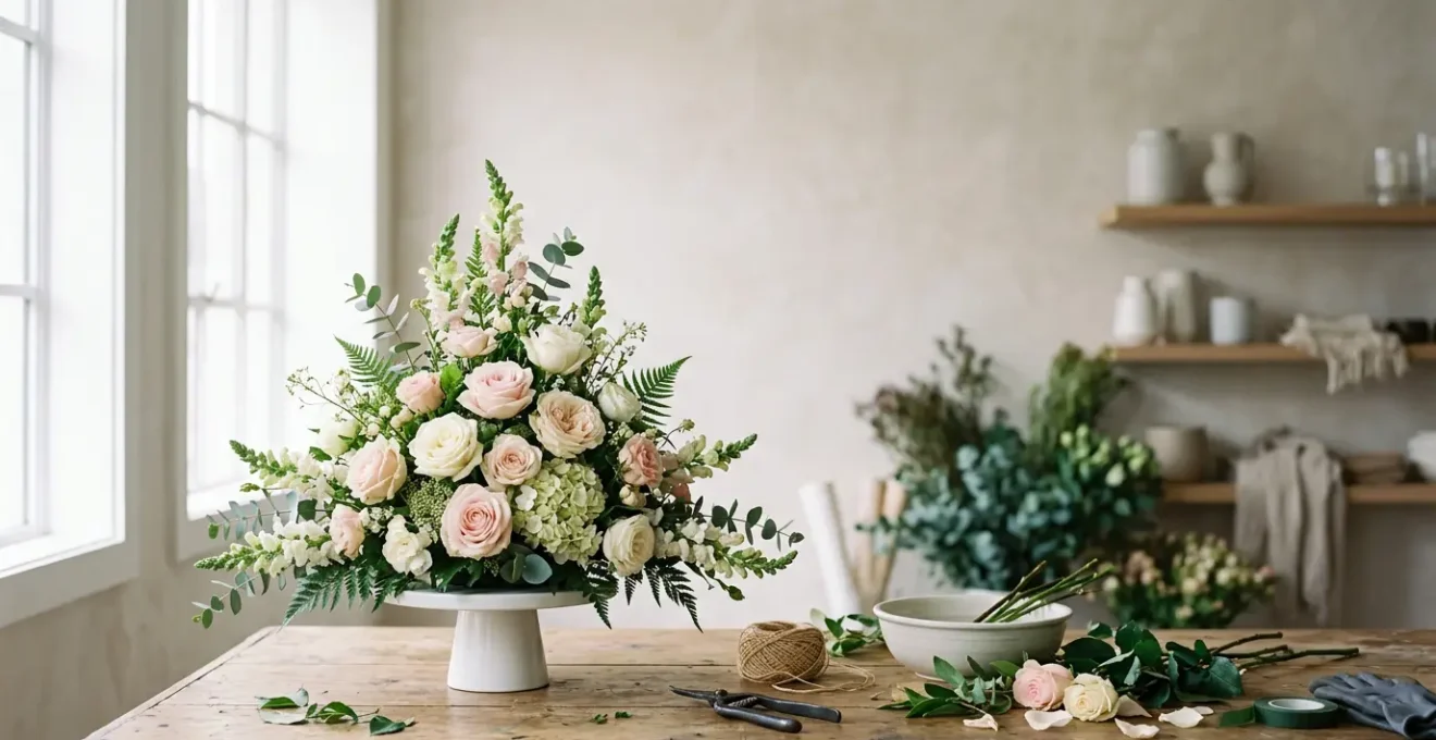 Professional floral designer crafting a symmetrical triangular arrangement with precise geometric proportions in a bright commercial studio workspace