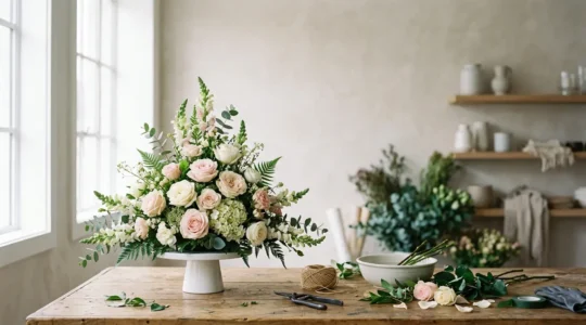Professional floral designer crafting a symmetrical triangular arrangement with precise geometric proportions in a bright commercial studio workspace