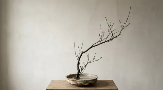 Minimalist Japanese ikebana flower arrangement with asymmetrical branch in ceramic vase on tranquil surface
