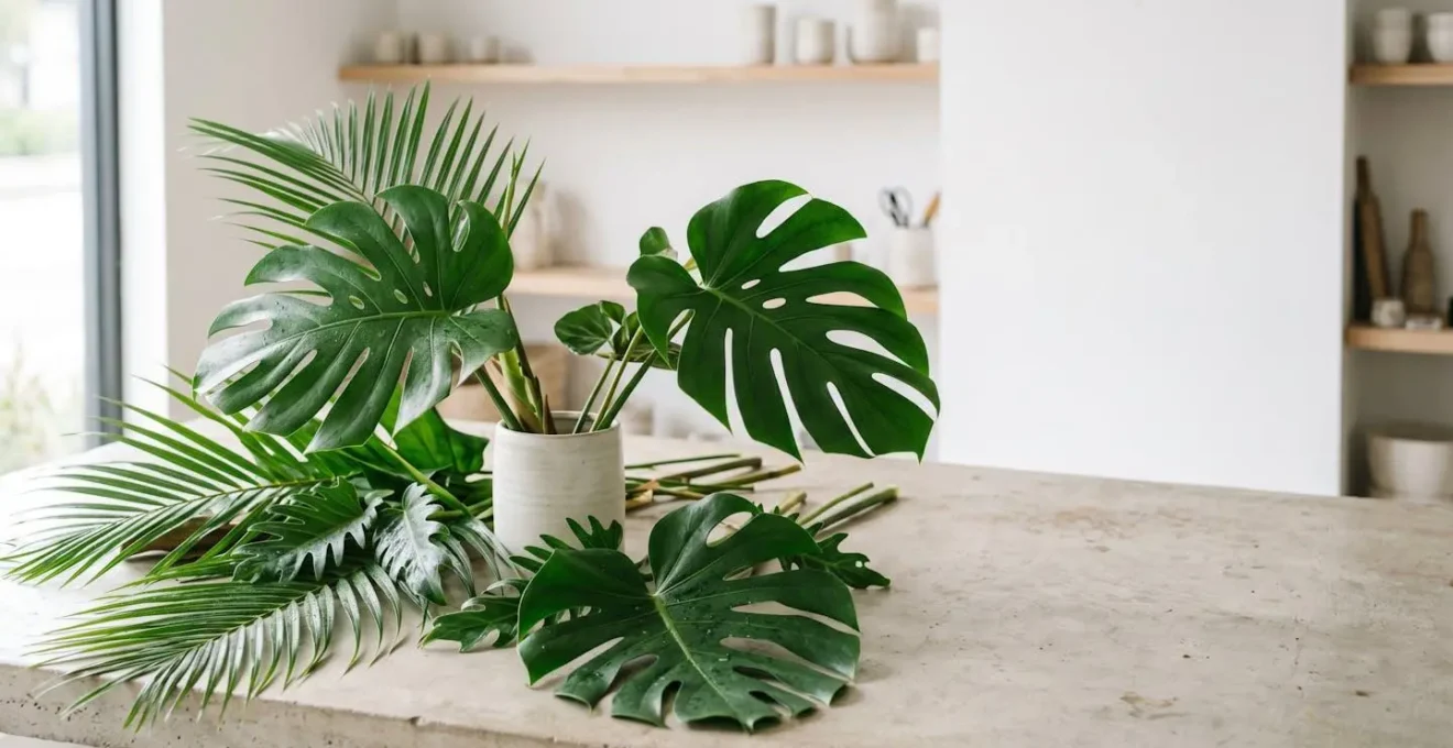 Environmental wide shot of monstera leaves and tropical foliage arranged in minimalist floral workspace setting