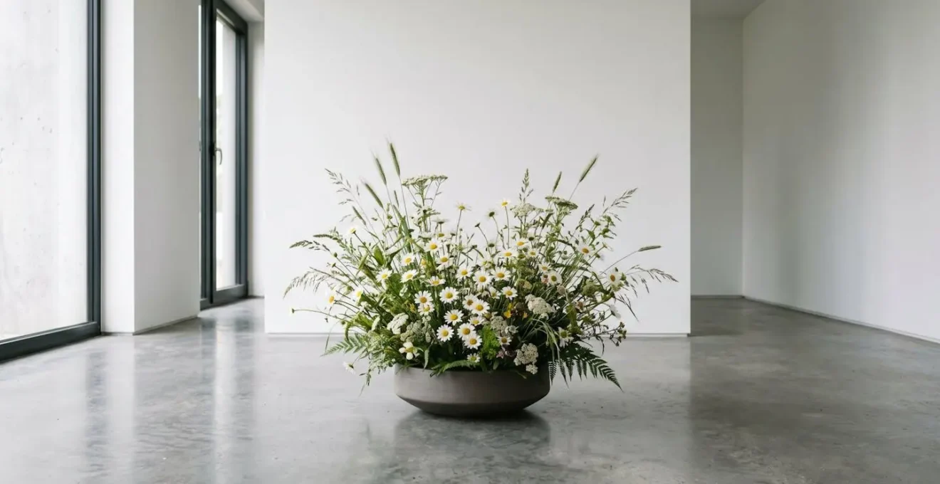 Wide-angle photograph of a naturally styled daisy and wildflower arrangement in a minimalist modern interior showing organic growth patterns with hidden structural support