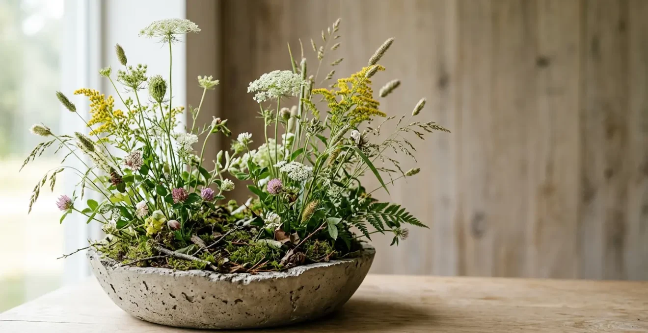 Wild meadow flowers arranged naturally in shallow vessel with moss and organic debris creating authentic woodland aesthetic