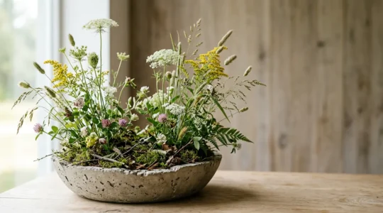 Wild meadow flowers arranged naturally in shallow vessel with moss and organic debris creating authentic woodland aesthetic