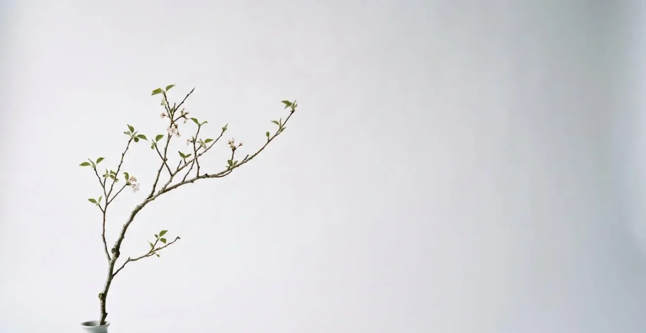 Wide minimalist composition showing single ikebana stem with dominant empty space demonstrating Ma principle