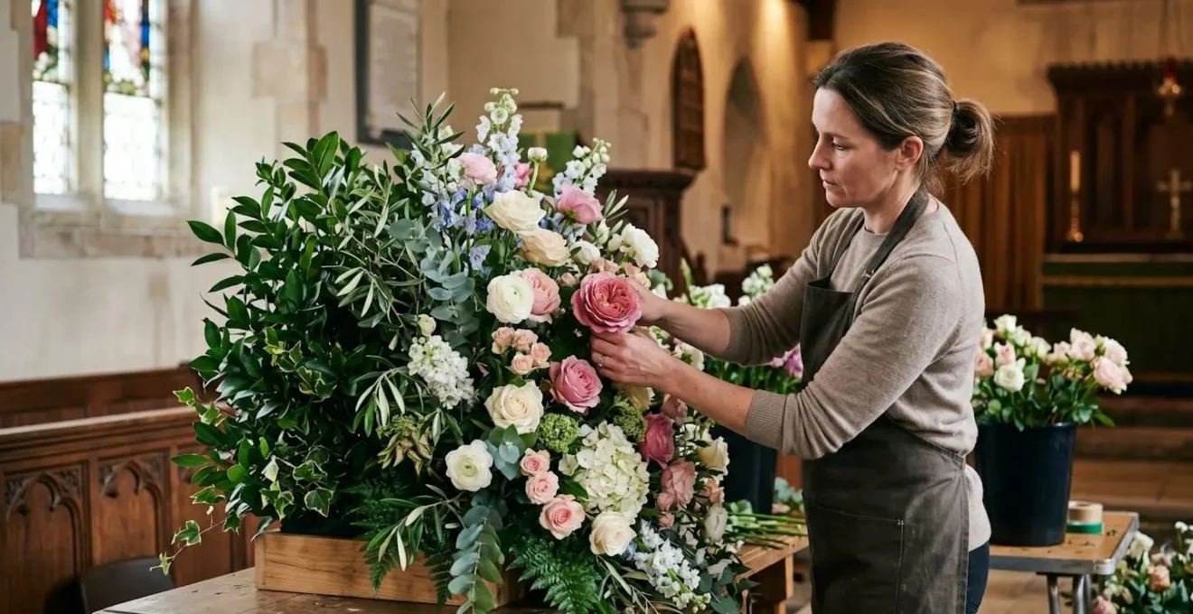 Side profile view of church altar flower arrangement showing finished back with structural greenery and dramatic front focal flowers