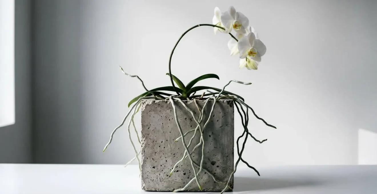 Silver-green orchid aerial roots cascading organically over edge of minimalist concrete planter creating textural contrast