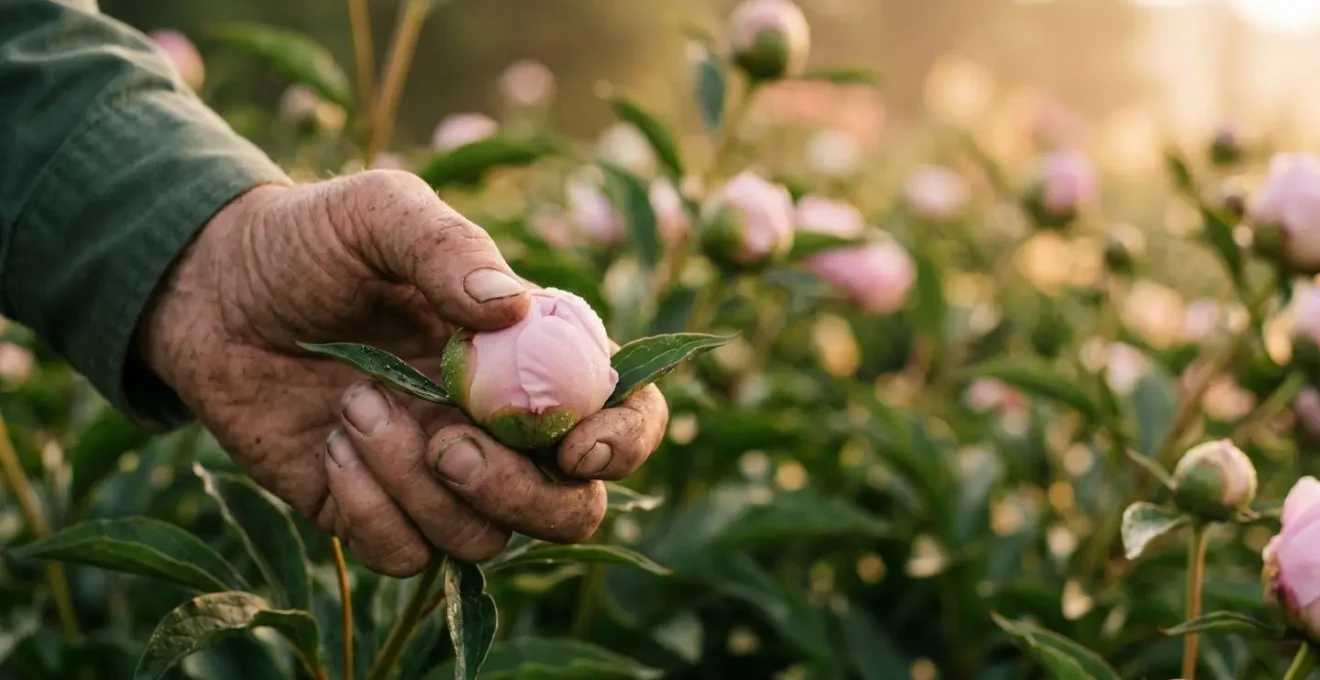 Close-up of florist hand gently testing peony bud softness at optimal marshmallow harvest stage
