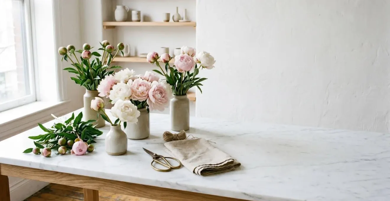 Wide shot of a serene floral workspace with peonies at various opening stages on a clean work surface, professional florist preparation environment