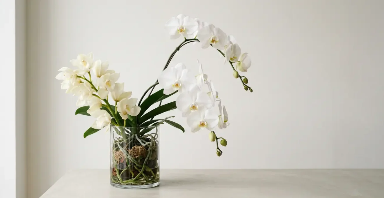 Elegant white phalaenopsis and cymbidium orchids in contemporary minimalist glass vase on clean modern surface