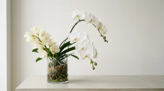 Elegant white phalaenopsis and cymbidium orchids in contemporary minimalist glass vase on clean modern surface