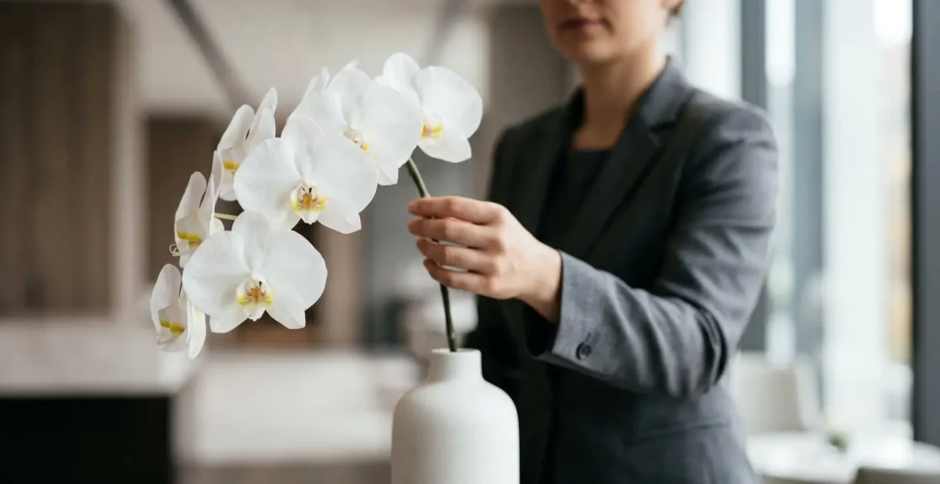 Close-up of elegant white Phalaenopsis orchid stem showing multiple blooms in modern professional setting