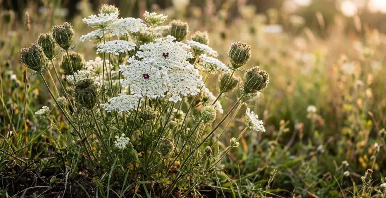 Dense cluster of Queen Anne's Lace wildflowers at varying life stages from buds to seed heads photographed in natural meadow light