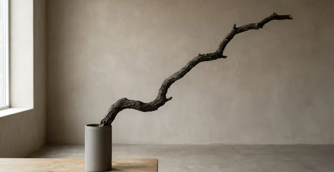 A single dramatic curved branch with natural character placed in a simple vessel, demonstrating the visual power of line and form over mass