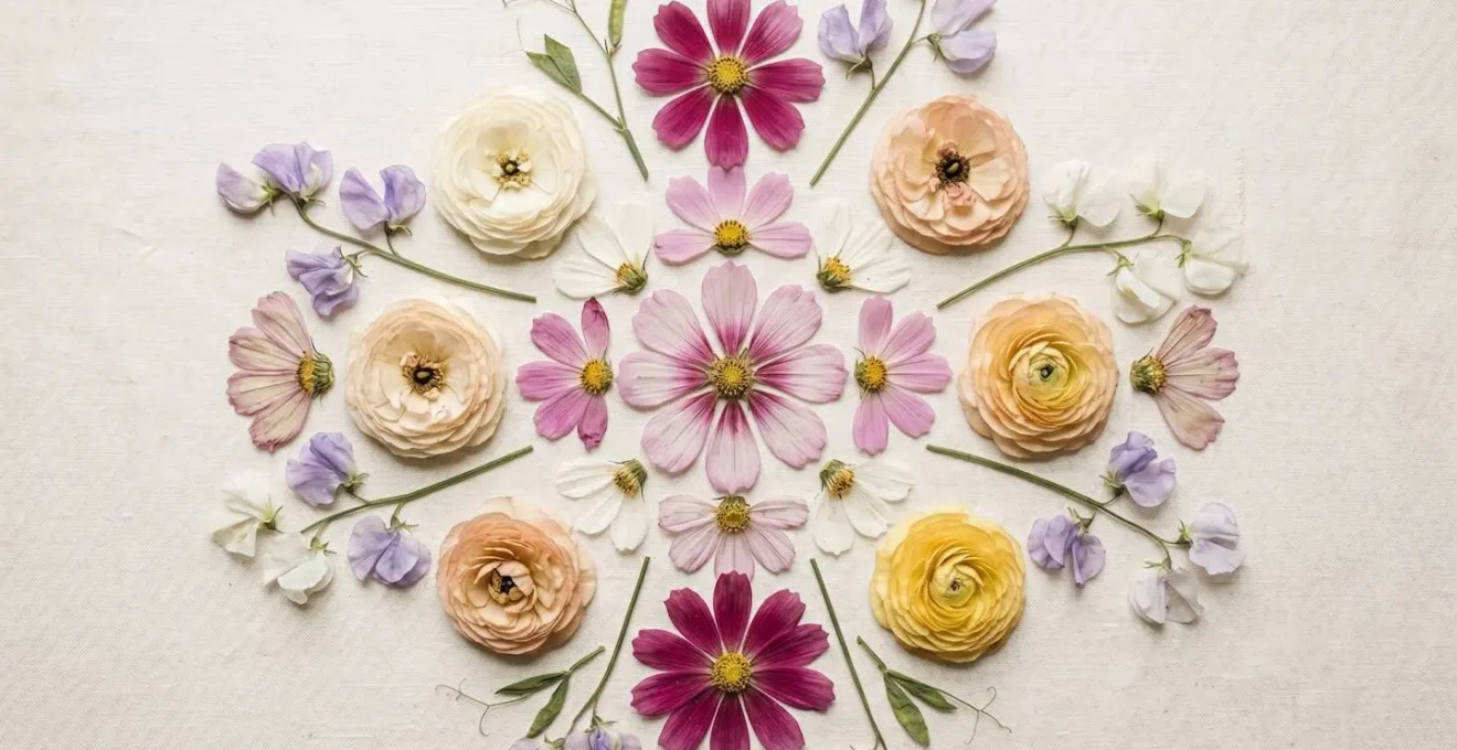 Delicate pressed wedding flowers arranged in minimalist botanical art composition with soft natural lighting