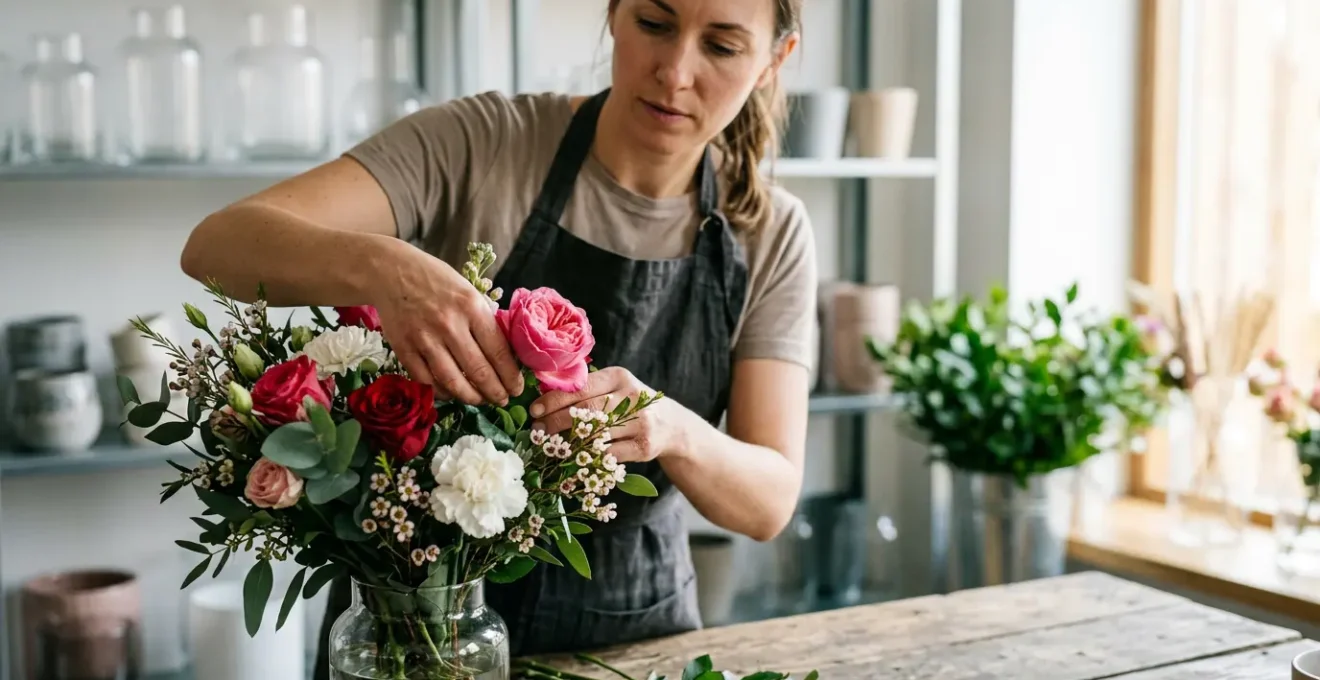 Professional florist arranging fresh cut flowers in modern workshop setting