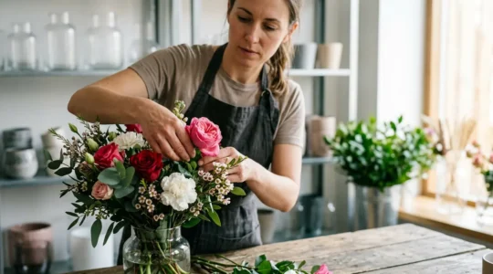 Professional florist arranging fresh cut flowers in modern workshop setting