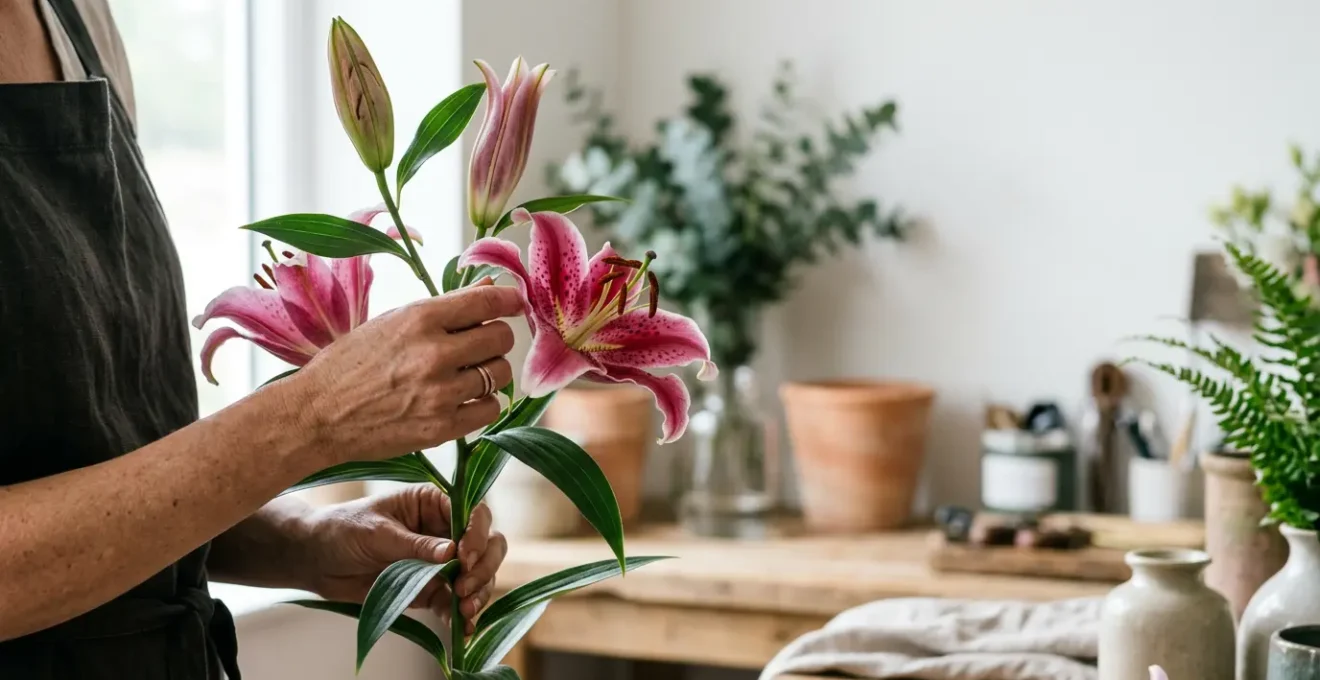 Professional florist carefully removing pollen anthers from a fragrant Oriental lily stem in a bright workshop setting