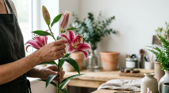 Professional florist carefully removing pollen anthers from a fragrant Oriental lily stem in a bright workshop setting