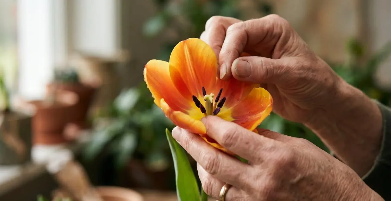 Artistic capture of tulip petals being gently reflexed to reveal interior structure and stamen