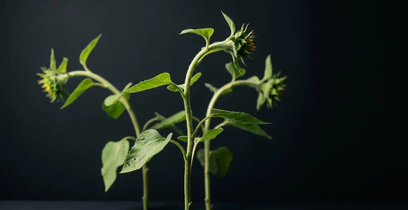 Multiple sunflower stems bending uniformly toward single light source demonstrating natural phototropic movement and auxin hormone response